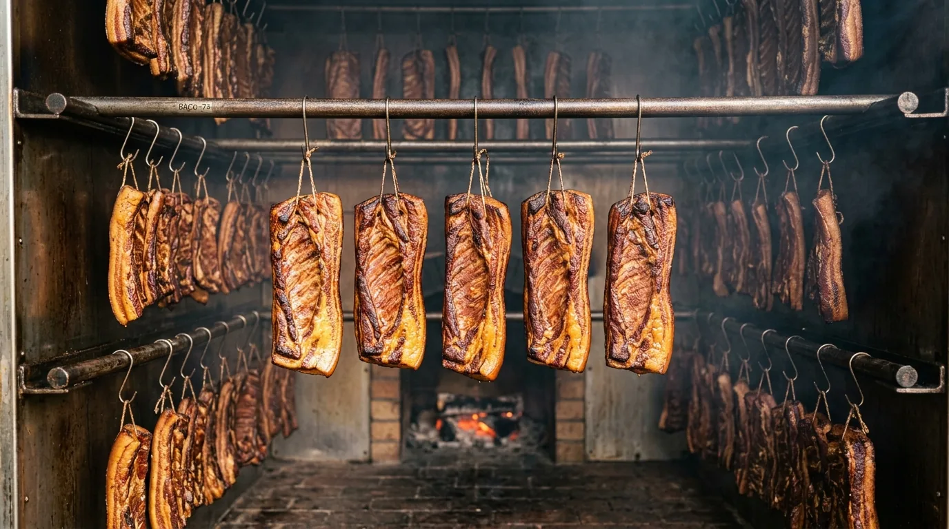 Illustration of bacon slabs hanging with space between them