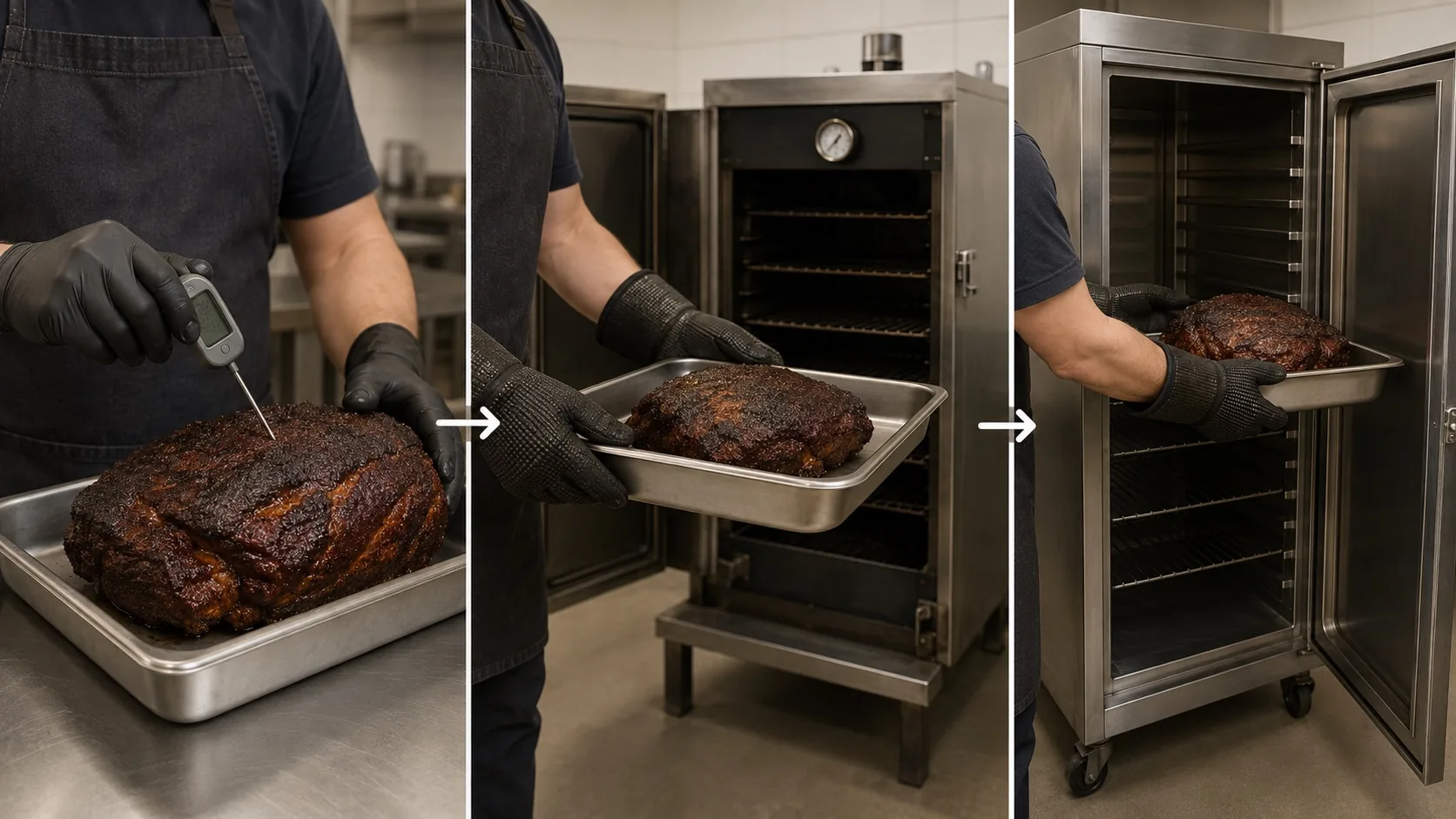 Concept illustration of moving cooked food to separate holding equipment