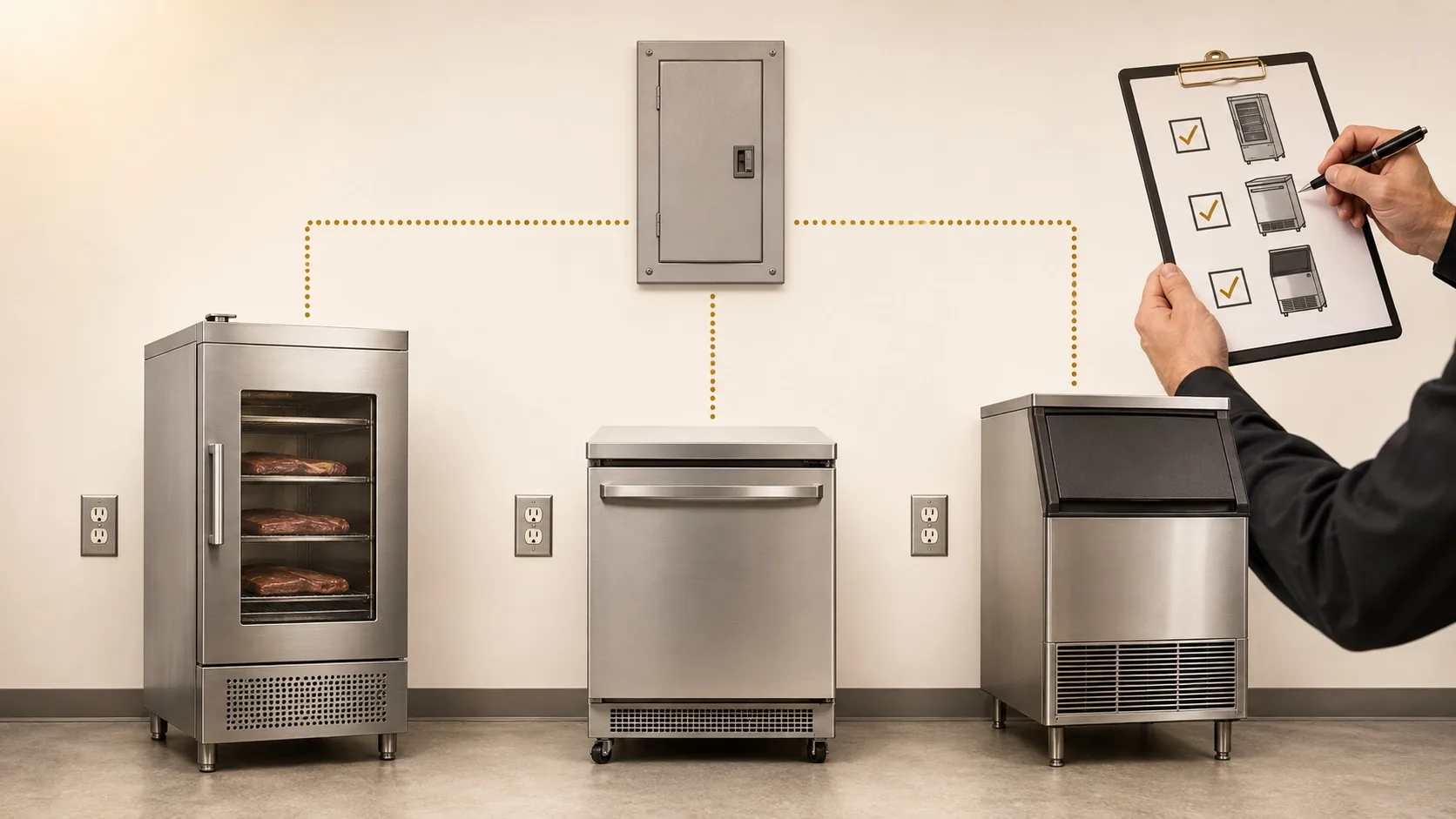 Illustration of reviewing a kitchen equipment position and installation documents